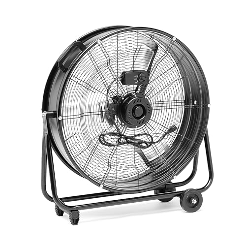 Amazon Basics 24" 215W High-Velocity, Heavy-Duty Industrial Fan, Drum Fan, with UL-Certified Safety Compliance, 2 Speeds, Up to 8820 CFM, 5.9-ft Power Cord, 2 Wheels, Metal Housing/Blades, Black - size: 24-inch