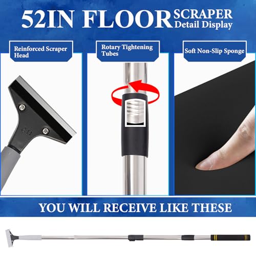 Floor Scraper Heavy Duty Long Handle,52in 4" Razor Blade Floor Scraper Adjustable with 10PCS Extra Metal Blades Paint Scraper for Cleaning Stickers Gum Glass Wall Tile Linoleum Stove Top