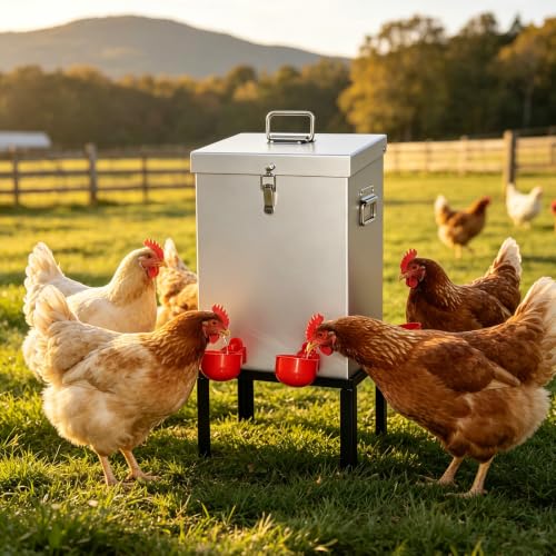 3 Gal Galvanized Steel Poultry Waterer, Automatic Poultry Waterer | Chicken Waterer with 4 Water Cups, Reinforced Base & Secure Latch, Heavy Duty Watering System for Backyard Chickens Ducks