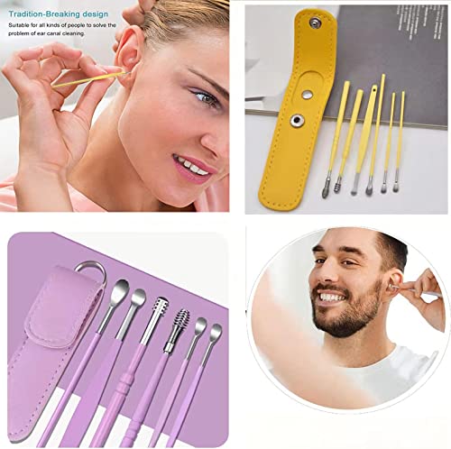 12 Pcs Ear Pick Earwax Removal Kit, Ear Cleaning Tool, Stainless Steel Earwax Removal Tool with Leather Storage Box (Yellow&Purple) - color: Purple and Yellow
