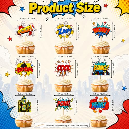 36 PCS Hero Cupcake Toppers | Hero Decorations Smash Crash Pow Picks for Hero Theme Birthday Party Cake Decor Supplies