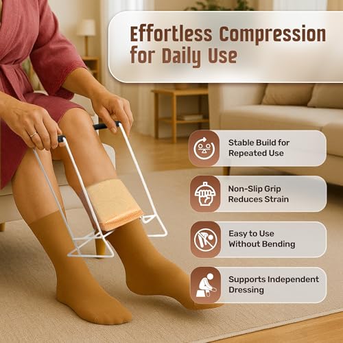 Compression Sock Aid Device for Compression Socks, Stocking Donner Helper | Strong Metal Design with Soft Foam Grips for Women and Men - Easy Use with Stockings and Compression Socks - Regular