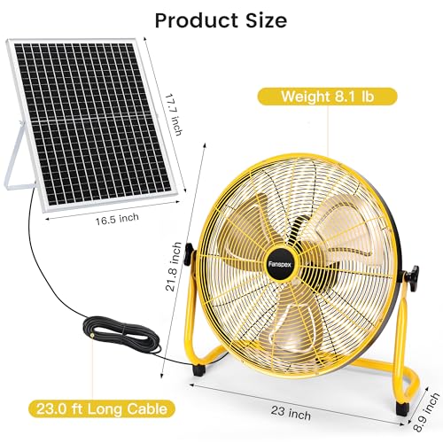 Fanspex 20" Solar Rechargeable Floor Fan for Outdoor Gazebo Greenhouse Barn | 111 Wh Battery Operated Fan, 360° Tilt with 35W Solar Panel Powered for Patio Camping Cooling or Air Circulation - size: 20"