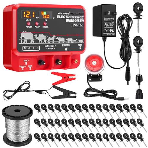 15.5J Electric Fence Charger Kit, 30 Mile 110VAC Plug-in Fence Charger with 50 Black Insulators, Socket Tool, 250 ft Aluminum Wire for Farm Fencing, Pasture Boundary Setup