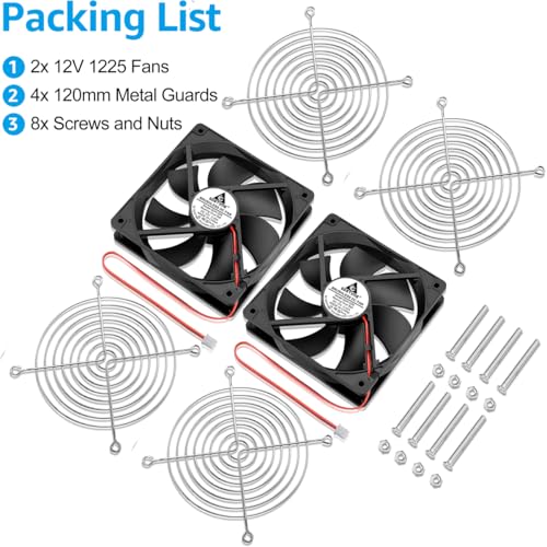 GDSTIME 120mm 12V Computer Fan 2 Pin Dual Ball Bearing DC Cooling, 2-Pack | 2500 RPM, 120x120x25mm, PC Case Cooler, High Speed, Replacement for Ice Maker, Rv Fridge, Power Supply, 1225, 5 Inch 12 Volt - size: 120x25mm