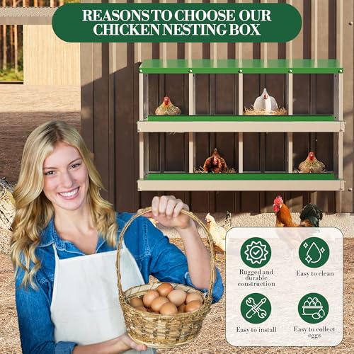 Chicken Nesting Box, 8-Hole Nesting Boxes, Removable Tray, Ventilation Holes, Easy Egg Collection & Cleaning, Laying Boxes for Hens, Green - color: Green, size: 8 Holes