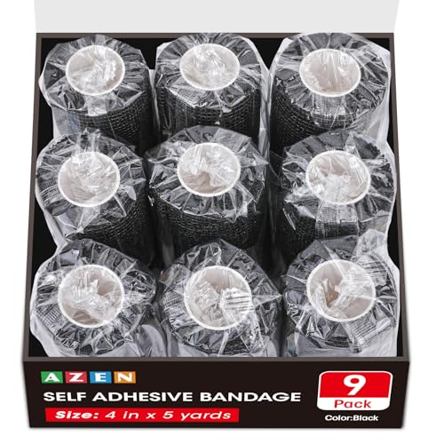 AZEN 9 Pack Self Adhesive Bandage Wrap, 4" X 5 Yards Elastic Cohesive Bandage Wrap, Color Athletic Tape, Tattoo Grip Tape Wrap, Vet Wrap, Ankle Tape - color: Black, size: 4IN - 9Pack