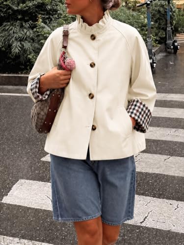 Cicy Bell Womens Ruffle Short Trench Coat Single Breasted Cropped Jackets | Stand Collar, Fall Jackets, Outerwear Coats, Button Down, Plaid Cuffs - color: Apricot, size: XX-Large