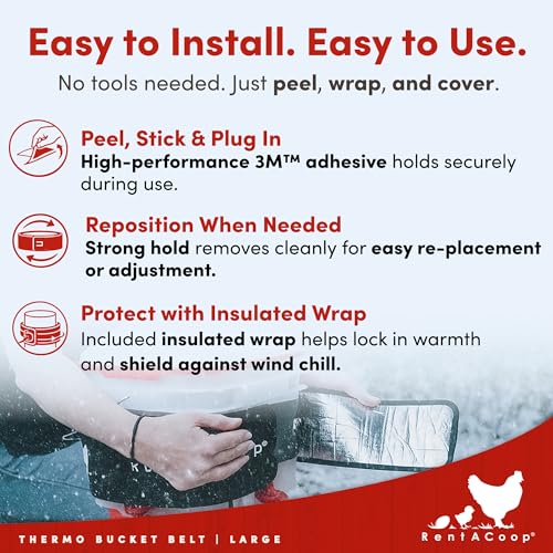 RentACoop Heated Chicken Waterer Belt for Winter, Thermo Bucket Heater Strap LG with Insulated Wrap for 2-5 Gal, 40W Energy Efficient, Safe to -10°F, Auto Thermostat - size: Large