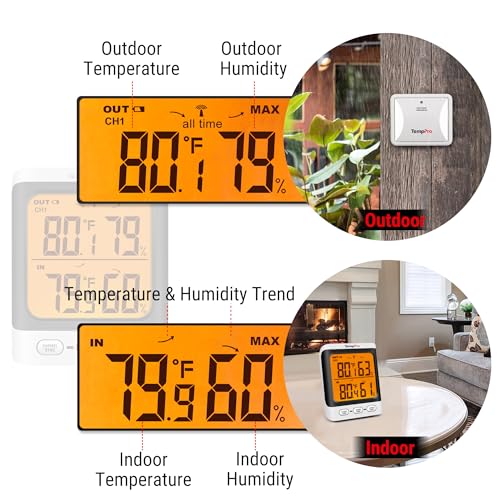 TempPro TempAir 500 FT Indoor Outdoor Thermometer Wireless with Sensor | 3.3" LCD Backlit Display, Front Button, Outside Thermometer with Cold-Resistant Sensor for Patio Garage, Batteries Included