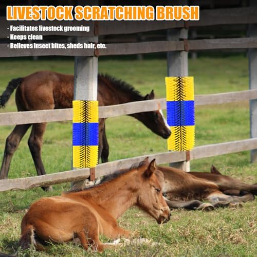 4pc Livestock Scratch Brushes, 20'' x 7.3'' Heavy Duty Cow Scratcher Wall Mount, Flexible Anti-Itch Grooming Tool for Cattle, Goat, Horse Grooming Supplies with Screws and Nuts - color: blue yellow