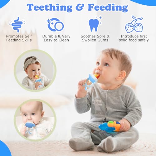 Baby Fruit Feeder Pacifier | 2 Infant Food Feeder Pacifier & 2 Baby Food Dispensing Spoon | Fresh Fruit Teethers for Babies | Silicone Feeder Babies,Infant Teething Feeders (Blue-Rabbit) - color: 04-Blue
