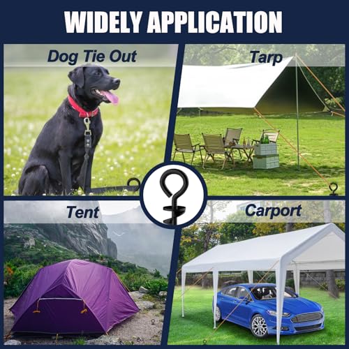 Eurmax USA 4 Pack Heavy Duty Ground Stakes,Industrial Grade Spiral Steel Screw-In Anchors with 4 Bonus Tie-Down Ropes,High Wind Stabilizing Kit for Trampolines,Dog Tie-Out,Canopies,Outdoor Sheds,Black - color: Black, style: Round Head Pro