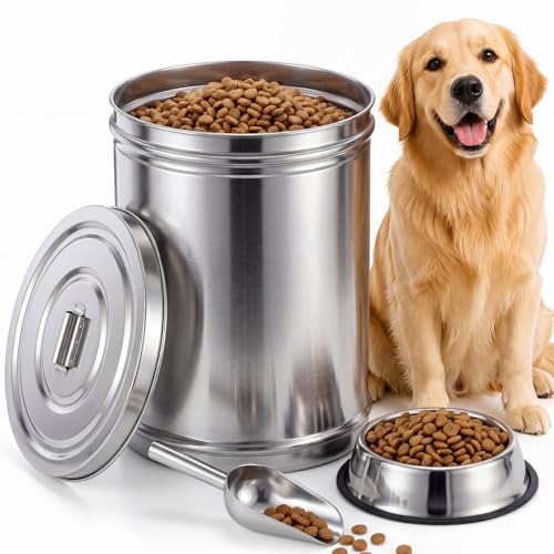 6.5 Gallon Metal Pet Food Storage Container Set with Stainless Steel Bucket, Scoop and Bowl, 30 Lbs Large Metal Dog Food Bin with Airtight Lid Suitable for Dog Cat Chicken Pet
