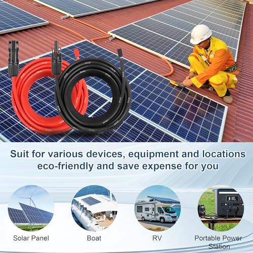 10 FEET 8AWG Solar Panel Extension Cable,8 Gauge Extension Cord, Solar Panel Wire with Extra Fair of Female and Male Quick Connectors Solar Adapter for RV, Off-Grid Systems (10FT Red + 10FT Black) - size: 10FT-8AWG