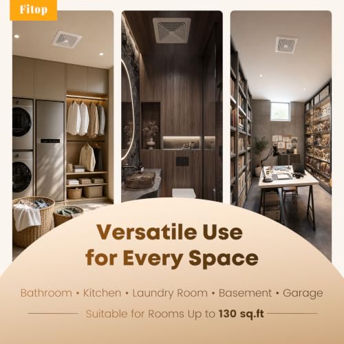 Fitop Bathroom Exhaust Fan 130CFM 1.5 Sones, Easy Installation | Ultra Quiet Ceiling Mounted – No Attic Access Required, Airflow Ventilation Fan for Bedroom, Laundry, Kitchen & Bathroom