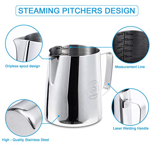 20oz Milk Frothing Pitcher, Stainless Steel Espresso Steamer Frother Cup | 600ml metal jug includes professional latte art decorating pen; top barista accessories for perfect coffee cappuccino making - color: Stainless Steel 20 Oz