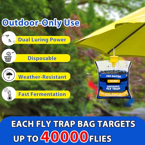 Large 8 Pack Pre-Baited Fly Traps Outdoor Fly Trap for Patio Farm Ranch | 50g Dissolvable Bait Fly Hunter for Flying Insects, Weatherproof Outdoor Fly Bags, Fly Catcher for Chicken Coop Barn - size: 8 Packs