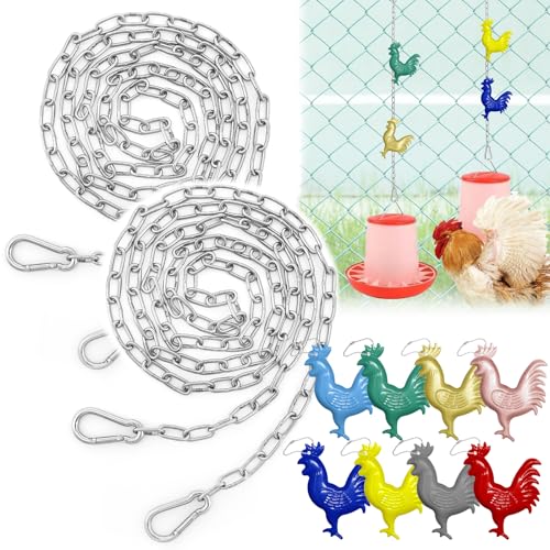 2 Set 5 Ft Hanging Chain Spring Hooks with 4 Signs for Chicken Coop Feeders | 304 Stainless Steel, Anti-Rust & Adjustable, Holds Up To 13 Lbs for Chicken Coop Feeders, Plant Hooks Indoor & Outdoor Use - size: 2 PCS 5 FT