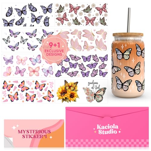 Kaciola 10 Sheets UV DTF Cup Wraps for 16 oz-Butterfly Theme UV DTF Stickers, 1 Sheet Mysterious Pattern Transfer, Rub on Transfers Stickers for 16 oz Libbey Glasses Crafting - style: Butterfly
