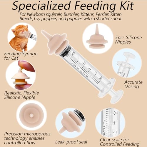 Pet Feeder Syringe, Newborn Animal Feeder Syringe Individually Wrapped, 1ML/3ML/5ML Pet Feeding Nursing Syringe with 5 Nipple, Silicone Pet Feeding Nipple for Kitten Puppy and Small Animals