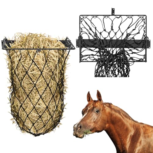 Yaocom 2 Set Black Wall Mount Hay Feeder for Horses Goats Heavy Duty Hay Rack with Net Slow Feeder Wall Mounted for Stall Barn, Easy to Install and Save Hays (Square) - color: Black