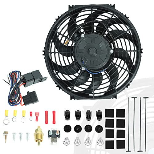 BLACKHORSE-RACING 12" Universal Electric Radiator Cooling Fans + Thermostat Relay & Mount Kit - size: 12 Inch