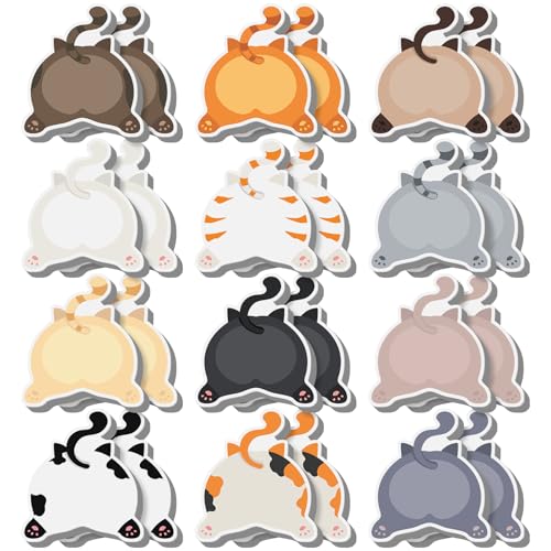 Yinder 24 Pads Cat Sticky Notes Fun Cartoon Memo Self Adhesive | Animal Memo Pad Bulk 12 Designs, For School Office Veterinary, Back to School Party Supplies Gift Tabs - style: Fresh Cat