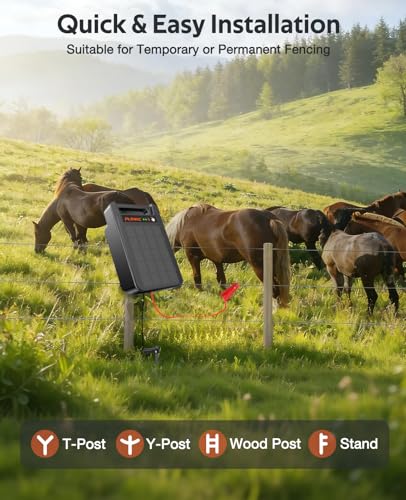 Solar Electric Fence Charger 10 Miles, 0.20J Solar Powered Fence Energizer with Rechargeable 10400mAh Battery, Portable Electric Fence Kit for Livestock, Chicken, Garden Protection, Auto Day/Night