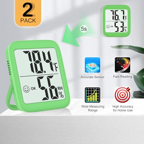 Antonki 2 Pack Room Thermometer Indoor Hygrometer | Monitor Temperature & Humidity, Accurate, Fast Read, Easy To View, Magnetic/Kickstand/Hanging, ℉/℃, w/ Battery, Compact - color: 2 Pcs* Natural Green