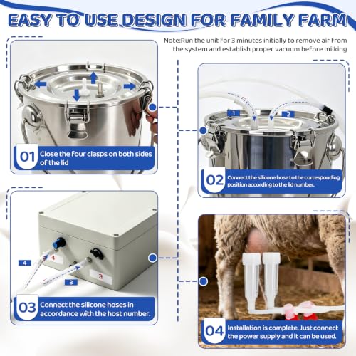 2-in-1 Goat and Cow Milking Machine, 3.7Gal Stainless Steel Bucket with 5200mAh Built-in Rechargeable Battery, Cordless Electric Vacuum Pulsator, 4 Teat Cups, Portable Electric Milking Machine (7L)