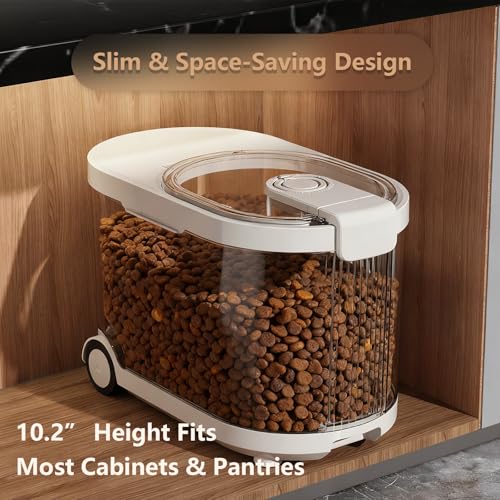 Airtight Dog Food Storage Container with Desiccant Chamber,Cat Food Storage with Timer,Wheels & Scoop,7 Liter,10-12 lbs/7 kg,for Small Dog,Cat & Bird Feed,Clear BPA-Free Slim Rolling Bin with Lid