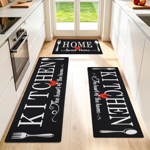 Kitchen Rugs Set 3 Piece, Non Slip Black Kitchen Mats for Floor, Soft Fabric with Rubber Backing, Farmhouse Anti Fatigue Runners Carpet for Home Kitchen Laundry Room Hallway (Black) - color: Black
