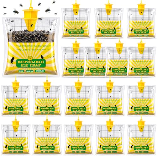 18 Pack Fly Traps Outdoor Flying Insect Trap with Pre-Baited Bait Disposable Hanging Fly Bags for Patio Barn Horse Ranch Chicken Coop, Effective Flying Insect Trap