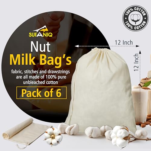 Nut Milk Bag - 6 Bags (12 x 12 Inch) 100% Unbleached Cotton Cheese Cloth Bag for Straining, Premium Nut Milk Bag Reusable, Nut Bag Strainer for Almond, Soy, Oat Milk, Juices, Cheese Making - size: 12x12 / 6 pieces