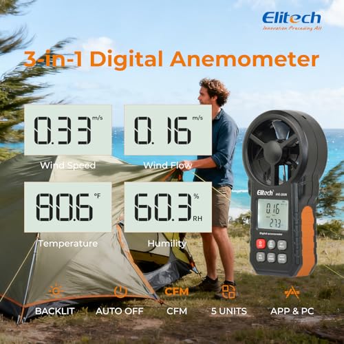 Elitech ANE-200W HVAC Anemometer, Air Flow & Temp Meter with Bluetooth | Temperature Measurement, USB Data Export, Air Flow CFM/CMM Measurement, Drone Flights & HVAC Use