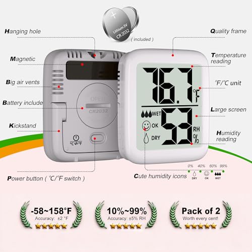 Antonki 2 Pack Room Thermometer Indoor Hygrometer | Monitor Temperature & Humidity, Accurate, Fast Read, Easy To View, Magnetic/Kickstand/Hanging, ℉/℃, w/ Battery, Compact - color: 2 Pcs * Classic White ( 90%+ Choice for Home )