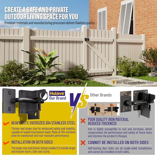 Hulave 304 Stainless Steel Fence Gate Latch, Self-Locking Gravity Gate Latch, Heavy Duty Privacy Gate Latch for Wooden Fence, Metal Gate & Vinyl Fence Gate Hardware (Black) - color: Black
