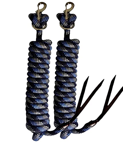 Majestic Ally 14' Pack of 2 Poly Training Lead Rope with Leather Popper for Horses & Livestock – 14 Foot Long and 5/8 inch Thick - Replaceable Heavy-Duty Bolt Snap (Navy-Blue-White) - color: Navy-Blue-White