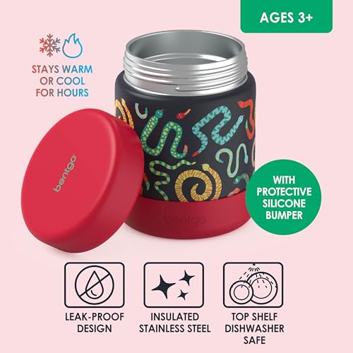 Bentgo Kids Stainless Steel Leak-Proof Food Jar for Hot or Cold Food | 11 fl oz Double Insulated Container with Removable Silicone Bumper, Dishwasher Safe, Easy Open Lid, Ages 3+ (Sssnakes) - color: Sssnakes