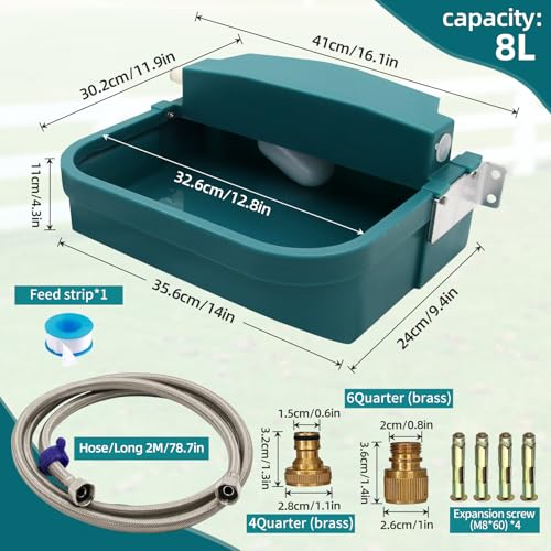 8L Large Automatic Animal Drinking Water Bowl, Livestock Water Trough Dispenser with Water Pipe & Float Valve & Drain Hole for Cattle Horse Sheep Dog Indoor/Outdoor Easy to Clean