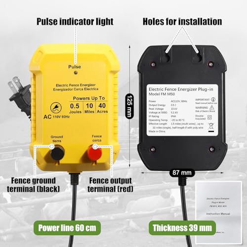 Electric Fence Charger Kit 10 Mile 0.5J 50 Insulators 250ft Wire | 110V Energizer for Poultry Pets Garden Protection, Aluminum Wire Socket Tool Black Insulators, Easy Farm Yard Setup - style: 0.5 Joule