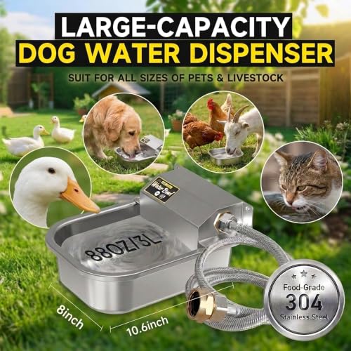 Automatic Self-Filling Dog Water Bowl,3L/101oz | Stainless Steel Outdoor Large Capacity Pet Water Dispenser with Float Valve,Fits 3/4" Garden Hose for Dogs,Cats&Livestock