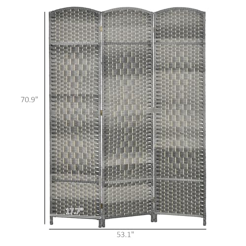 HOMCOM 3 Panel Room Divider 6 Ft Privacy Screen Hand-Woven Mixed Gray | Folding PP Wall Partition, Pine Wood Frame, Freestanding Room Separator, Bedroom Home Office, No Assembly - color: Mixed Gray, size: 3 Panel