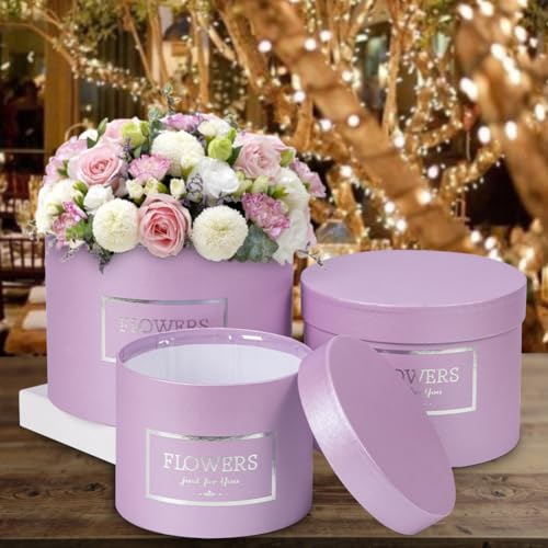 Purple Gift Box Round Gift Boxes with Lids Set of 3 Nesting Gift Boxes for Presents Assorted Sizes Flower Boxes for Arrangements Birthday Wedding Bridesmaid Graduation Christmas Party Gift Bags - color: Purple