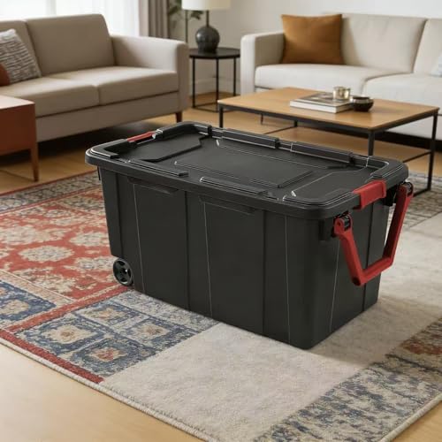 40-gallon wheeled plastic storage boxes with handles, black, 2-pack