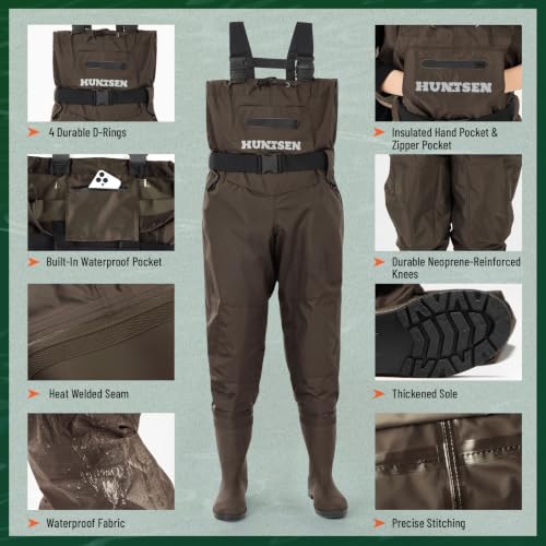 HUNTSEN Fishing Waders for Men Women - 2-Ply Nylon/PVC Waterproof Hunting Chest Waders with Boot Hanger&Phone Case, Size9-13 - color: Brown, size: 11