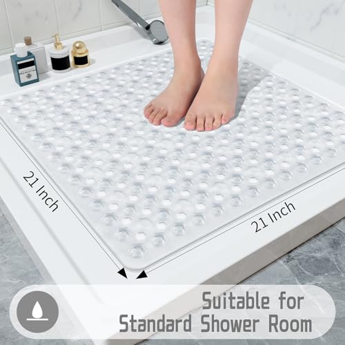 Yimobra Square Shower Floor Mat Non Slip, 21"X21" Machine Washable Bath Tub Mat, Soft on Feet, Bathmat with Drain Holes and Suction Cups, Fast Draining, Clear - color: Clear, size: 21 X 21 Inch