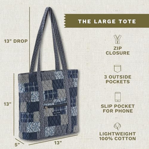 Bella Taylor Large Tote, Quilted Shoulder Bag for Women | Lightweight, 6-pocket large quilted purse, machine washable, zippered top, ultimate organization, durable construction - color: Heritage Blue Patch