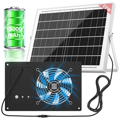 Solar Fan with Battery & Timer for Chicken Coop, Greenhouse & Shed | 25W 3500RPM High-Speed Solar Exhaust Fan, Low Noise Waterproof Solar Powered Fan for Outdoor - size: 11 inches